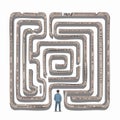 A man in a blue suit stands before a large, intricate maze Royalty Free Stock Photo