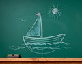 Boat drawing on blackboard blackground Royalty Free Stock Photo