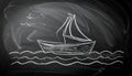 Boat drawing on blackboard blackground Royalty Free Stock Photo