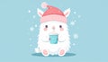 Cute Fluffy White Creature in Winter Hat with Hot Drink Royalty Free Stock Photo
