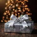 A beautifully wrapped gift box adorned with a silver snowflake-patterned paper and a large satin bow sits on a wooden surface Royalty Free Stock Photo