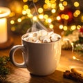 Steaming Hot Chocolate with Marshmallows and Warm Christmas Lights Royalty Free Stock Photo