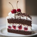 Slice of Black Forest cake on a white plate. Features layers of rich chocolate sponge and whipped cream Royalty Free Stock Photo