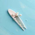 Minimal Elegant Pearl Hair Comb in Pastel Blue Setting Royalty Free Stock Photo