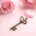Small Vintage-Style Key Charm on Dusty Rose Backdrop with Sweet Soft Light Royalty Free Stock Photo
