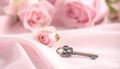 Small Vintage-Style Key Charm on Dusty Rose Backdrop with Sweet Soft Light Royalty Free Stock Photo