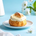 Lone Cream Puff on Pastel Blue Background with Soft Feminine Mood Royalty Free Stock Photo