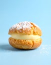 Lone Cream Puff on Pastel Blue Background with Soft Feminine Mood Royalty Free Stock Photo