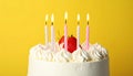 Delicious cake with cream burning candles on color background, closeup Royalty Free Stock Photo
