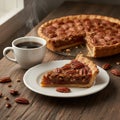 A slice of pecan pie is served on a white plate, showcasing a rich, caramel-like filling Royalty Free Stock Photo