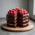 A rich, layered chocolate cake sits on a wooden board. Royalty Free Stock Photo