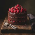 Three-layer chocolate cake adorned with glossy chocolate ganache and fresh raspberries Royalty Free Stock Photo