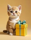 Exotic shorthair kitten with pastel yellow gift on sand backdrop Royalty Free Stock Photo