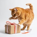 Orange tabby cat playing with ribbon on gift in white studio Royalty Free Stock Photo