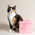 Calico cat with pastel pink gift on an ivory studio backdrop Royalty Free Stock Photo
