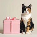 Calico cat with pastel pink gift on an ivory studio backdrop Royalty Free Stock Photo