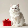 Fluffy white cat with a small red gift box in a studio scene Royalty Free Stock Photo