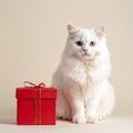 Fluffy white cat with a small red gift box in a studio scene Royalty Free Stock Photo