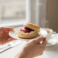 A close-up shows a plate with a scone topped with clotted cream and red jam, held by a pair of hands Royalty Free Stock Photo