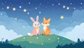 Cute Fox and Bunny Friends Under Starry Night Sky with String Lights Royalty Free Stock Photo
