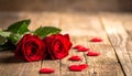 Red roses with hearts on a old wooden table, valentines day Royalty Free Stock Photo