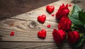 Red roses with hearts on a old wooden table, valentines day Royalty Free Stock Photo