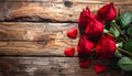 Red roses with hearts on a old wooden table, valentines day Royalty Free Stock Photo