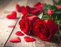 Red roses with hearts on a old wooden table, valentines day Royalty Free Stock Photo