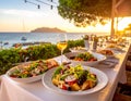 Various Mediterranean dishes and salads at Palma De Mallorca\'s restaurants Royalty Free Stock Photo