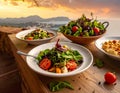 Various Mediterranean dishes and salads at Palma De Mallorca\'s restaurants Royalty Free Stock Photo
