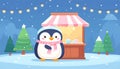 Cute Penguin at Winter Market Stall with Christmas Trees Royalty Free Stock Photo