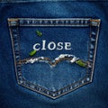 Stitched CLOSE Text on Denim Fabric Casual Texture Royalty Free Stock Photo