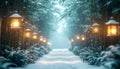 Enchanting Winter Bamboo Forest Path with Lanterns Royalty Free Stock Photo