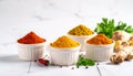 Four Bowls of Vibrant Spices on White Marble Royalty Free Stock Photo