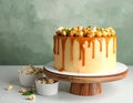 Delicious homemade cake with caramel sauce and popcorn on table against color background Royalty Free Stock Photo