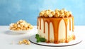 Delicious homemade cake with caramel sauce and popcorn on table against color background Royalty Free Stock Photo