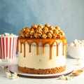 Delicious homemade cake with caramel sauce and popcorn on table against color background Royalty Free Stock Photo