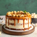 Delicious homemade cake with caramel sauce and popcorn on table against color background Royalty Free Stock Photo