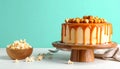 Delicious homemade cake with caramel sauce and popcorn on table against color background Royalty Free Stock Photo