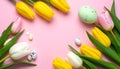 Easter eggs and beautiful tulips on a pink background, flat flag. Text area Royalty Free Stock Photo