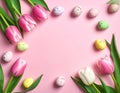 Easter eggs and beautiful tulips on a pink background, flat flag. Text area Royalty Free Stock Photo