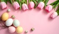 Easter eggs and beautiful tulips on a pink background, flat flag. Text area Royalty Free Stock Photo