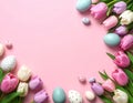 Easter eggs and beautiful tulips on a pink background, flat flag. Text area Royalty Free Stock Photo