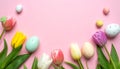 Easter eggs and beautiful tulips on a pink background, flat flag. Text area Royalty Free Stock Photo