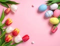 Easter eggs and beautiful tulips on a pink background, flat flag. Text area Royalty Free Stock Photo