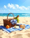 A picnic scene on a sandy beach beneath a bright blue sky and fluffy clouds Royalty Free Stock Photo