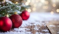 Festive Red Christmas Ornaments on Snowy Wooden Background Royalty Free Stock Photo
