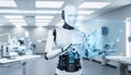 A humanoid robot in a high-tech laboratory operates a transparent digital interface Royalty Free Stock Photo