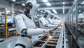 Humanoid robot operating machinery in a high-tech automated factory. Royalty Free Stock Photo