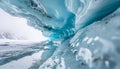 Photorealistic 8K close up of a glacial ice wall featuring jagged cracks frosty ridg Royalty Free Stock Photo